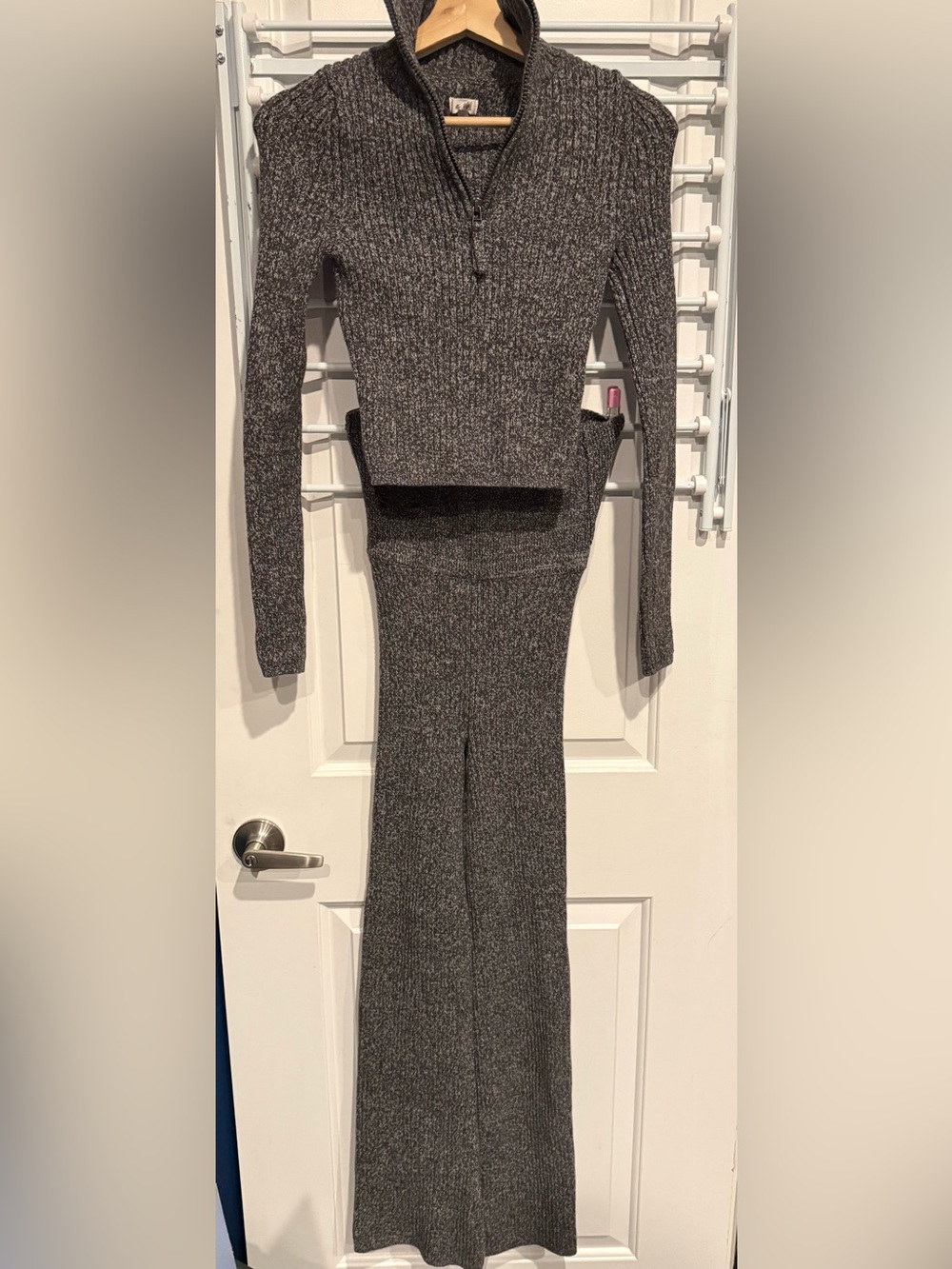 Aerie Ribbed quarter zip and Wide-Leg Knit Pants set in Charcoal Gray